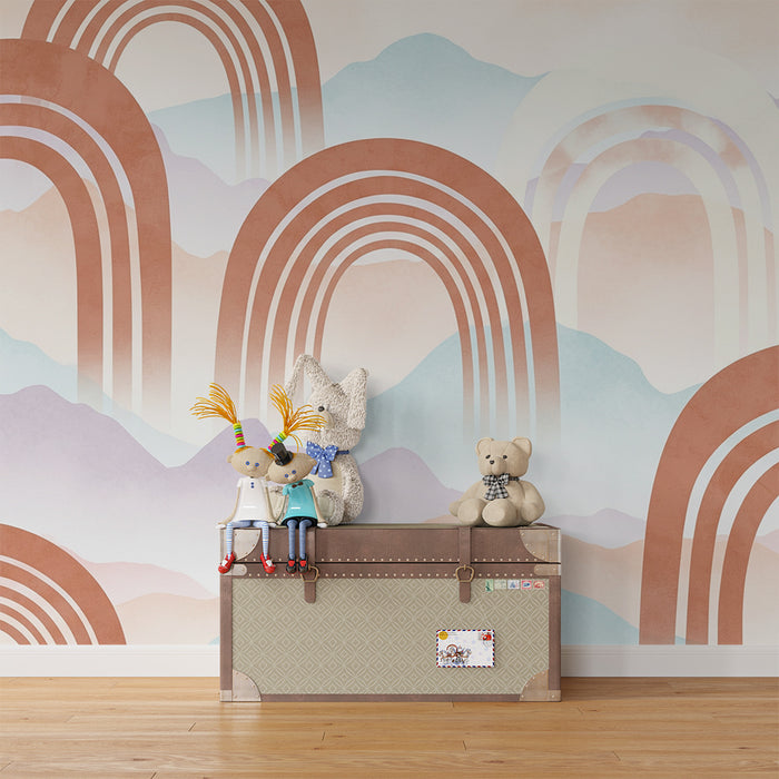 Gyermekszoba tapéta | Lágy szivárványok pasztell hegyek hátterén