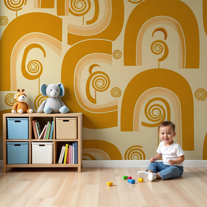 Papier peint chambre enfant | Arcs-en-ciel et spirales dans des tons chauds