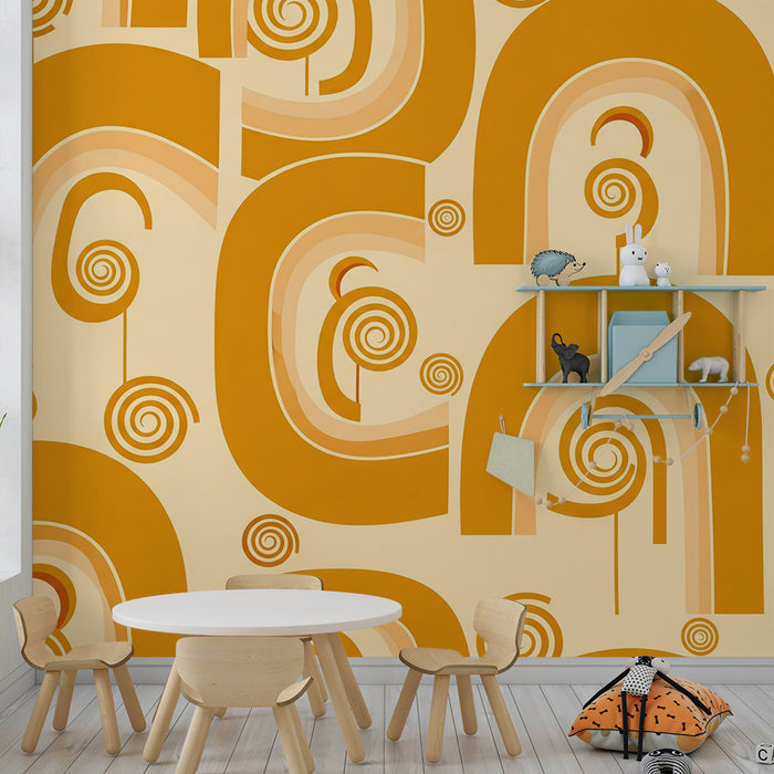 Papier peint chambre enfant | Arcs-en-ciel et spirales dans des tons chauds