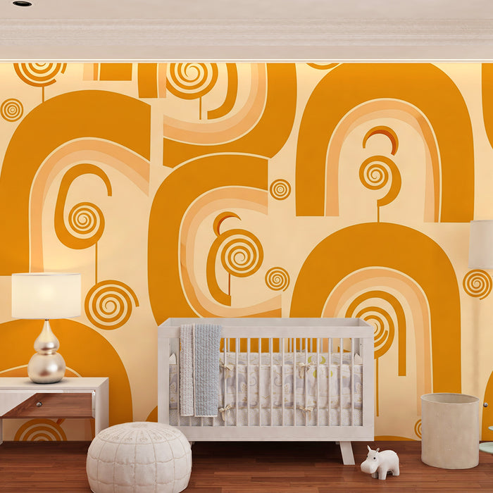Papier peint chambre enfant | Arcs-en-ciel et spirales dans des tons chauds