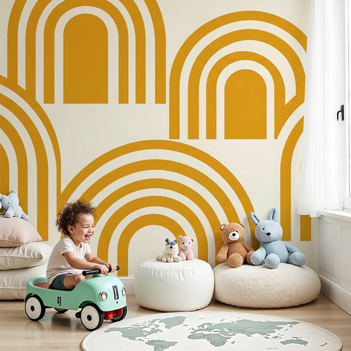 Carta da parati per cameretta bambini | Arcobaleni stilizzati in giallo su fondo crema