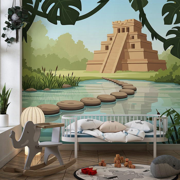 Kinderzimmer-Tapete | Abenteuer im Dschungel mit Inka-Pyramide