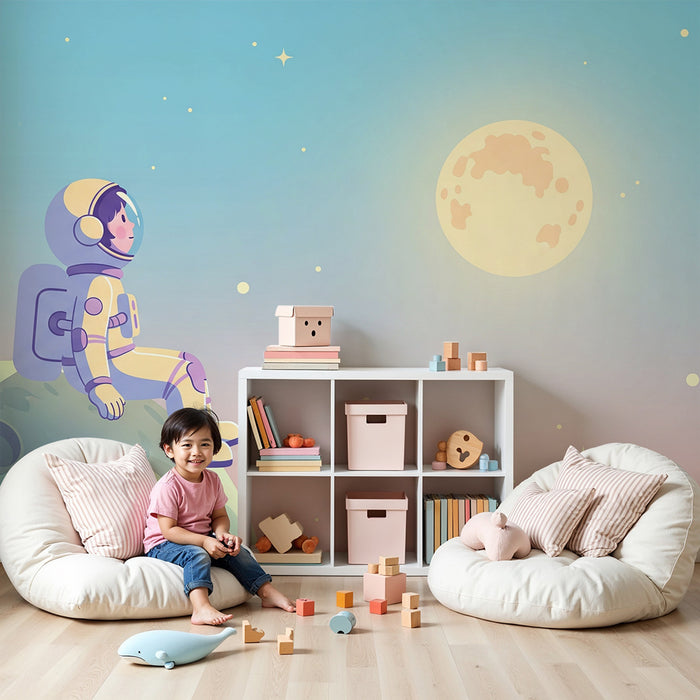 Kids room wallpaper | Astronaut contemplating the moon in a starry sky