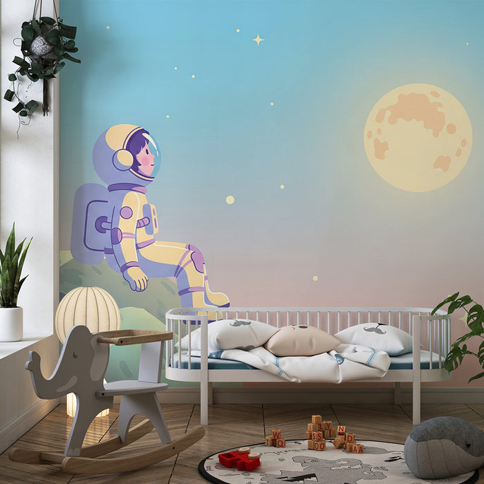Kids room wallpaper | Astronaut contemplating the moon in a starry sky