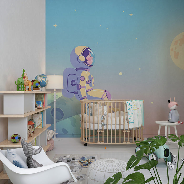 Kids room wallpaper | Astronaut contemplating the moon in a starry sky