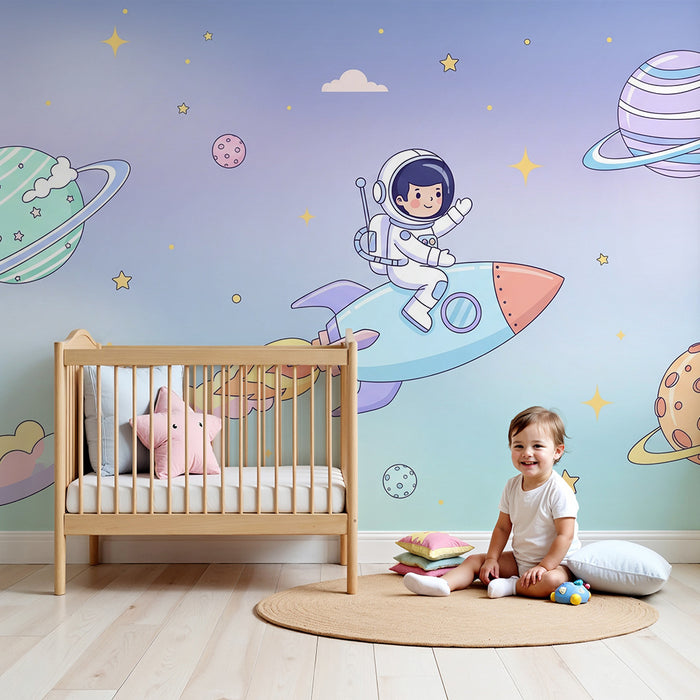 Papier peint chambre enfant | Astronaute en fusée explorant l'espace étoilé