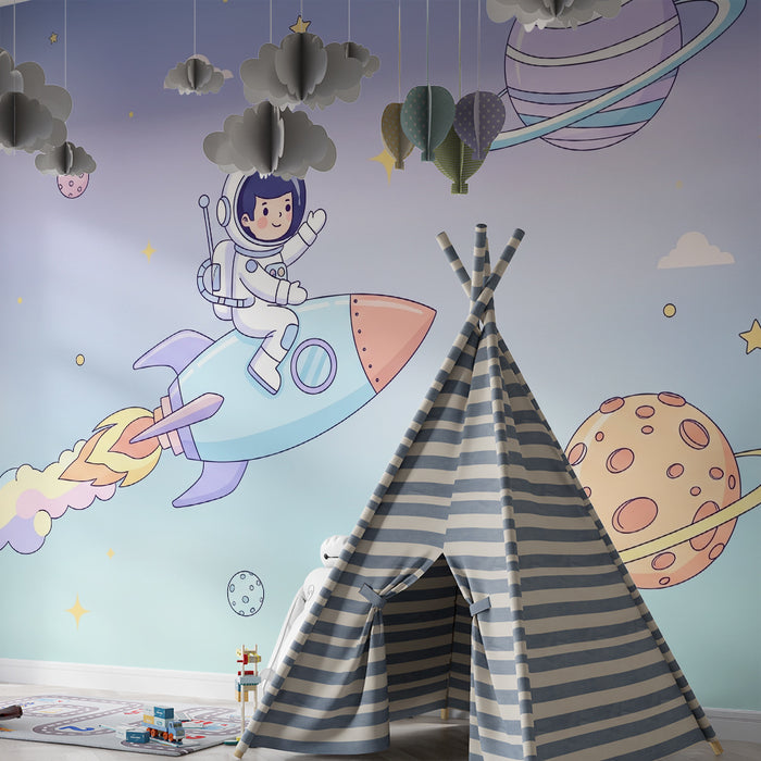 Papier peint chambre enfant | Astronaute en fusée explorant l'espace étoilé