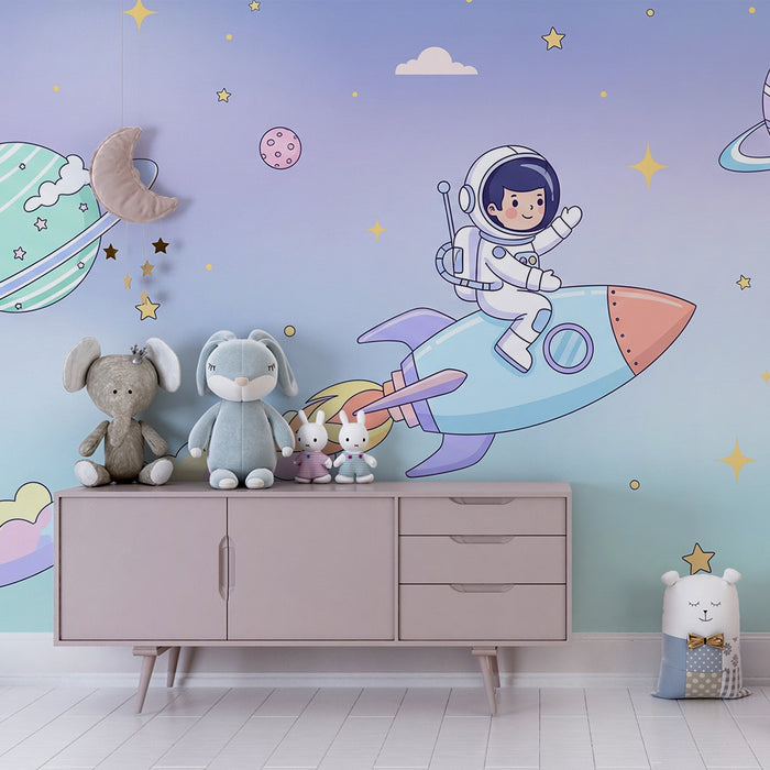 Papier peint chambre enfant | Astronaute en fusée explorant l'espace étoilé