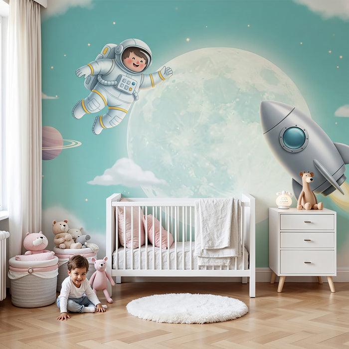 Carta da parati bambini | Astronauta e razzo nello spazio stellato