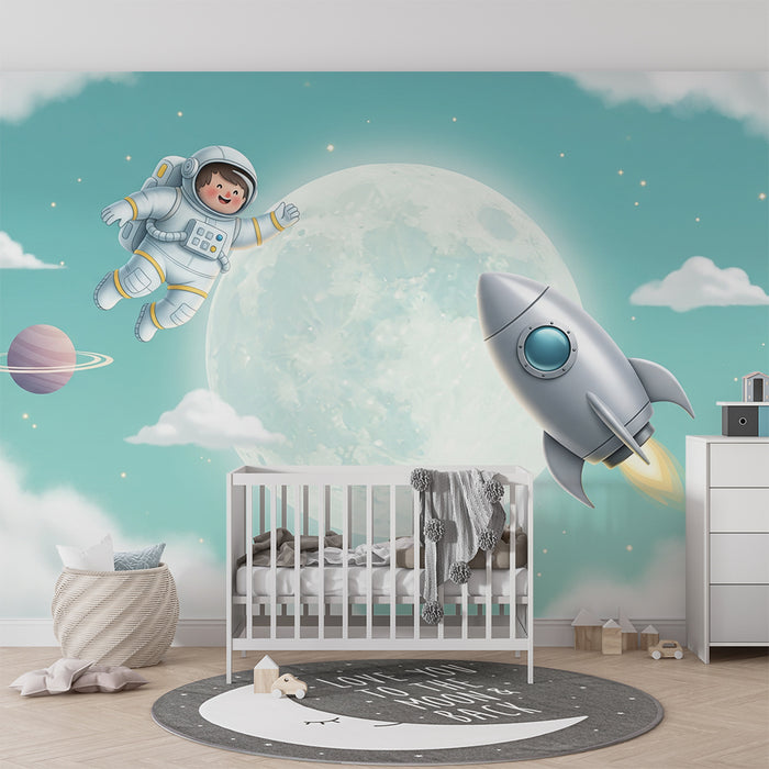 Carta da parati bambini | Astronauta e razzo nello spazio stellato