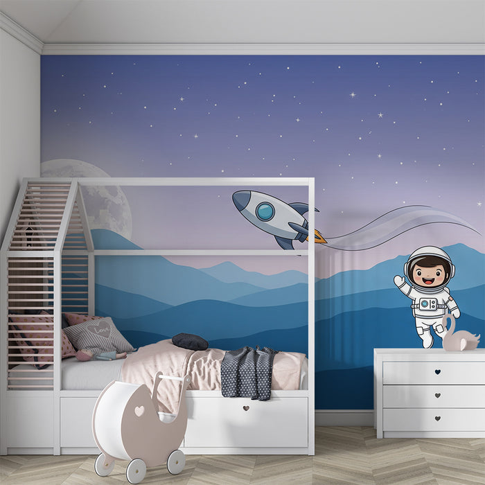 Tapet barnerom | Astronaut og rakett i en stjernehimmel
