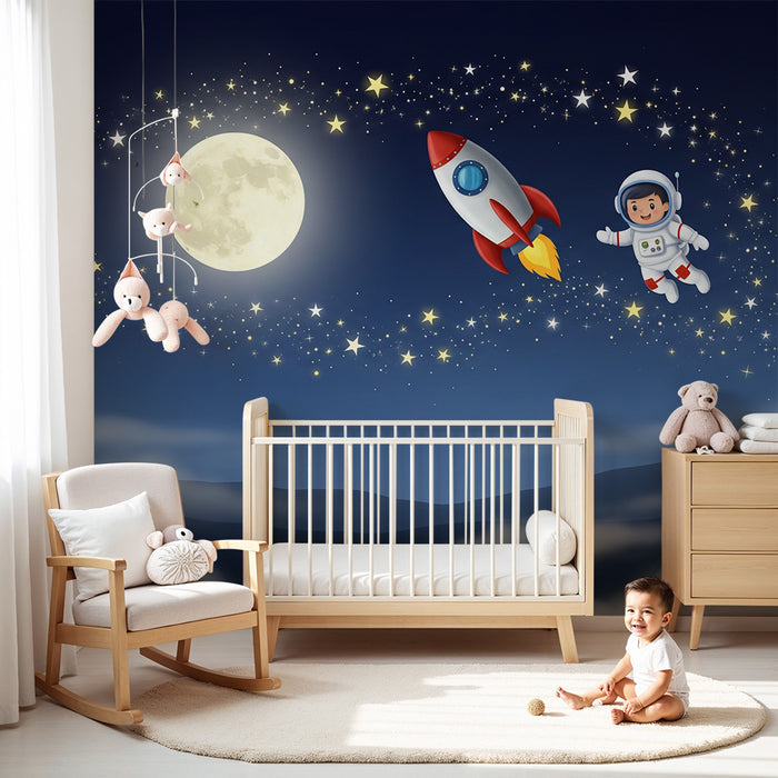 Carta da parati bambini | Astronauta e razzo in un cielo stellato nebbioso