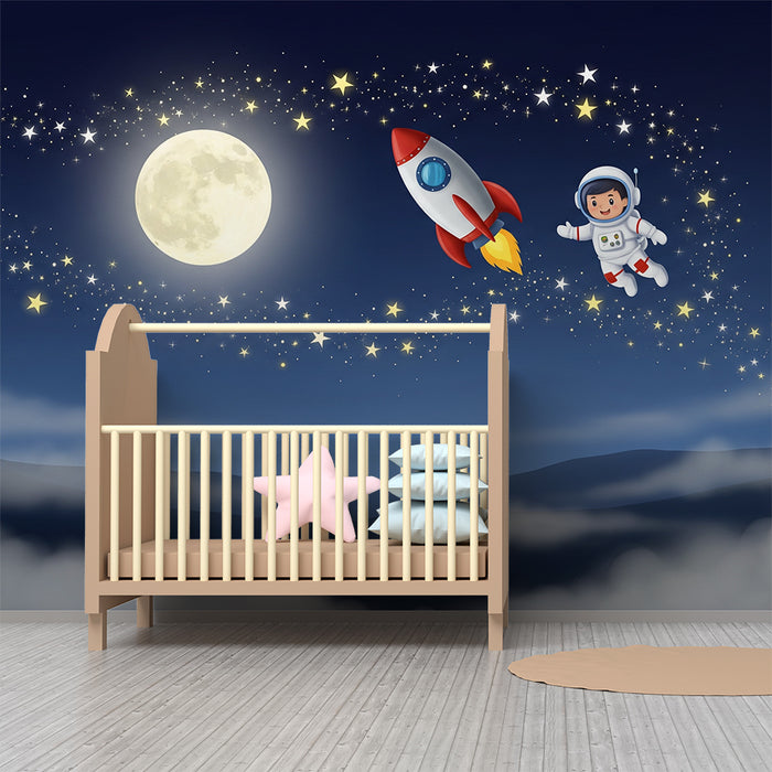 Carta da parati bambini | Astronauta e razzo in un cielo stellato nebbioso