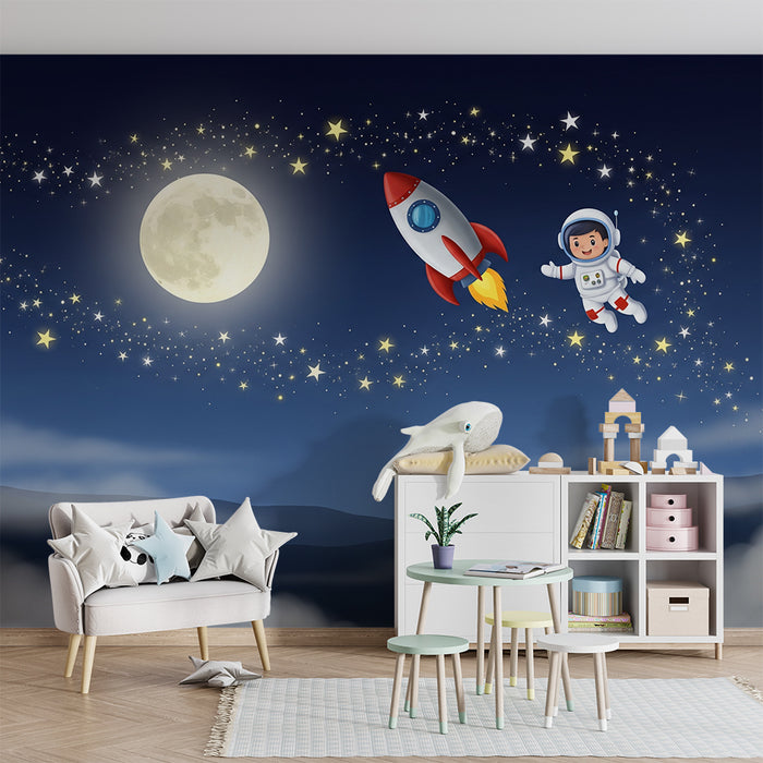 Carta da parati bambini | Astronauta e razzo in un cielo stellato nebbioso