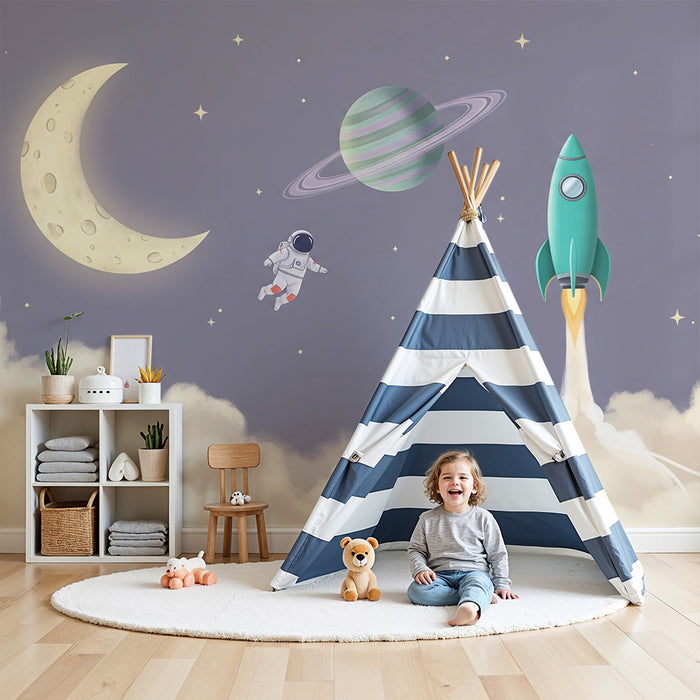 Papel pintado infantil | Astronauta y cohete en un cielo morado