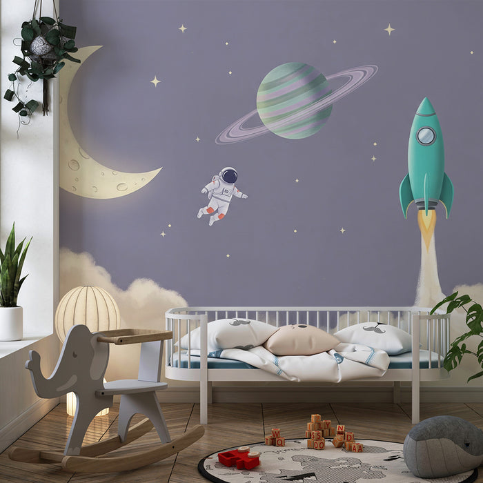 Papel pintado infantil | Astronauta y cohete en un cielo morado