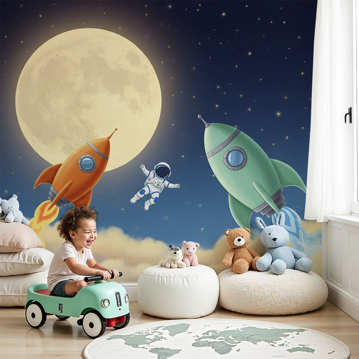 Kids room wallpaper | Astronaut and rockets in a starry sky