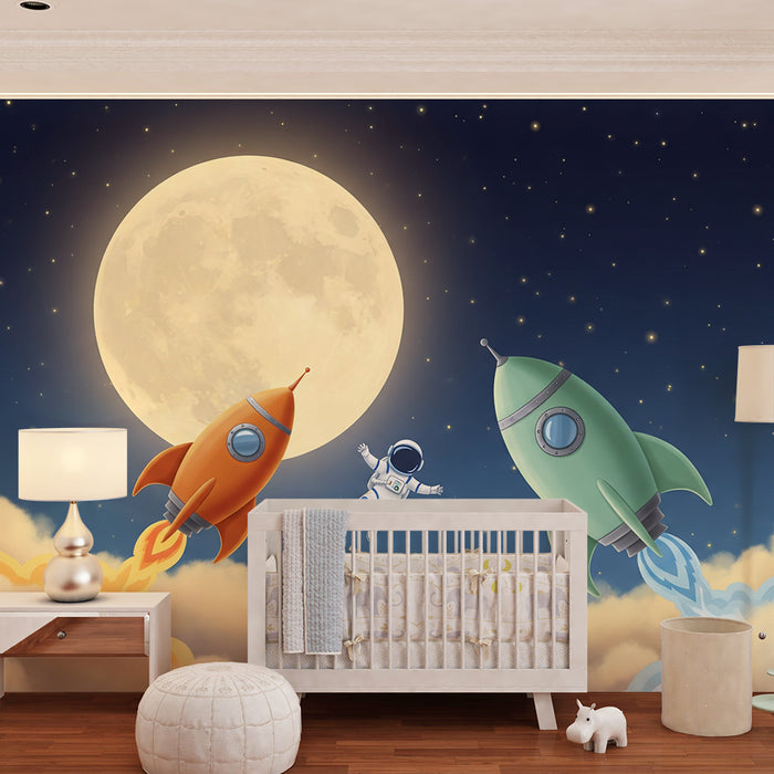 Kids room wallpaper | Astronaut and rockets in a starry sky