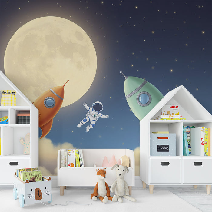 Kids room wallpaper | Astronaut and rockets in a starry sky