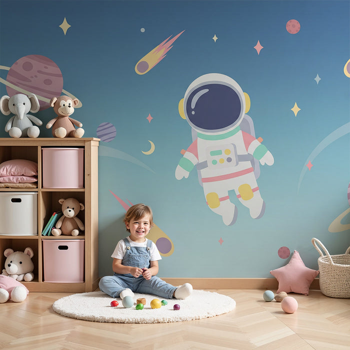 Børneværelse tapet | Astronaut og farverige planeter i rummet