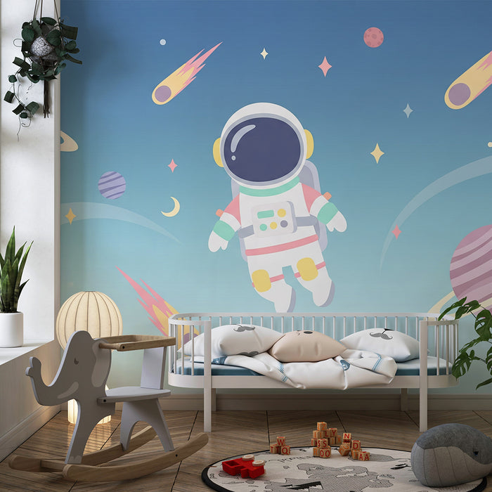 Børneværelse tapet | Astronaut og farverige planeter i rummet