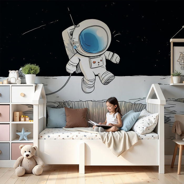 Kinderkamer behang | Astronaut die de maan verkent met kleurrijke kraters