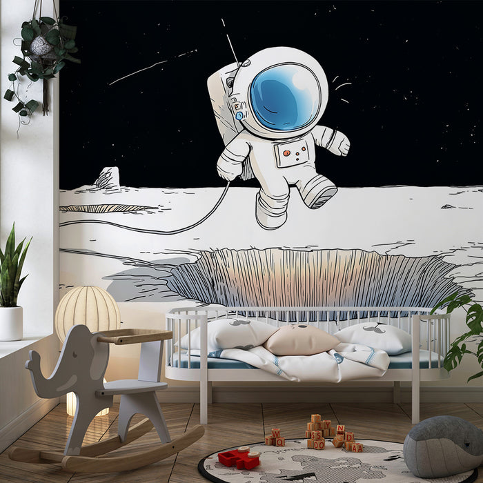 Kinderkamer behang | Astronaut die de maan verkent met kleurrijke kraters