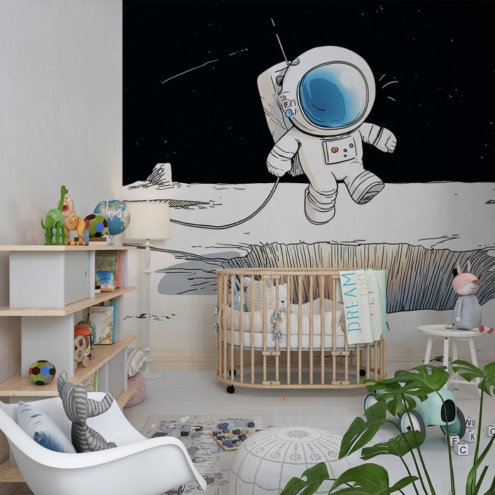 Kinderkamer behang | Astronaut die de maan verkent met kleurrijke kraters