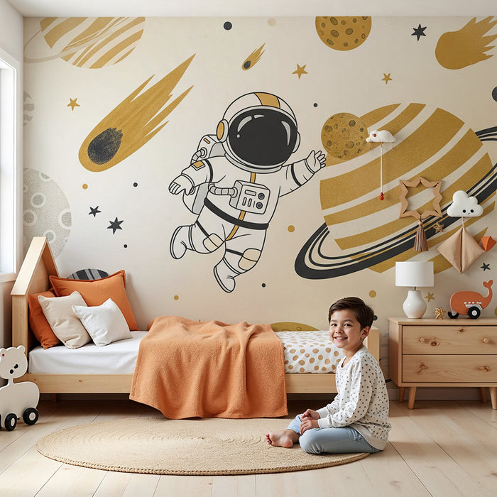 Kids room wallpaper | Kosmoses seiklev astronaut, kus on värvilised planeedid ja tähed