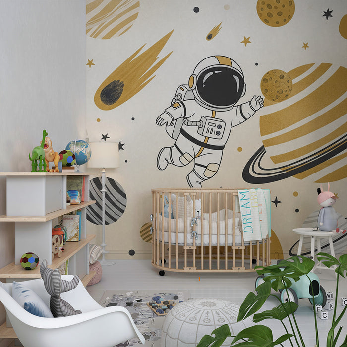 Kids room wallpaper | Kosmoses seiklev astronaut, kus on värvilised planeedid ja tähed