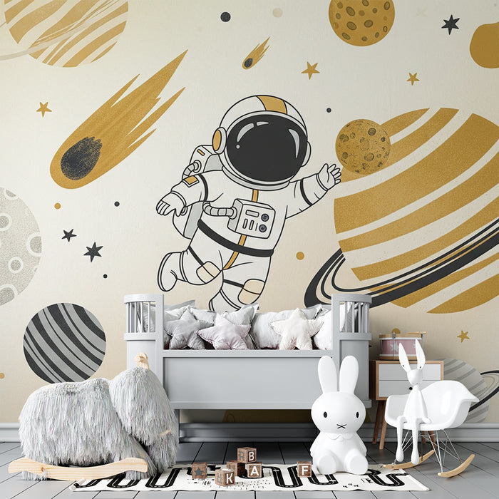 Kids room wallpaper | Kosmoses seiklev astronaut, kus on värvilised planeedid ja tähed