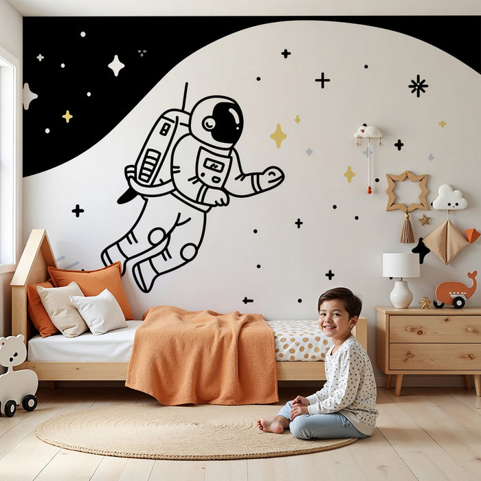 Børneværelse tapet | Astronaut svæver i en stjernespækket sort-hvid rum