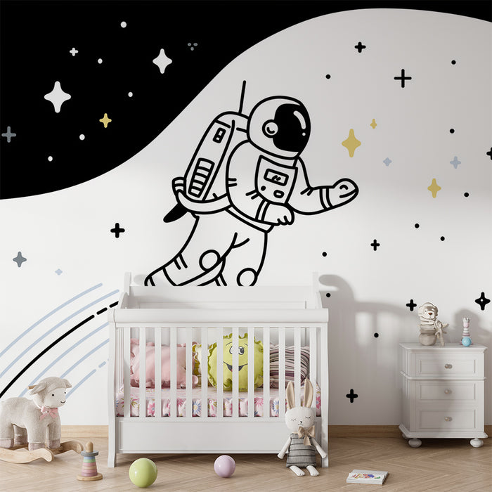 Børneværelse tapet | Astronaut svæver i en stjernespækket sort-hvid rum