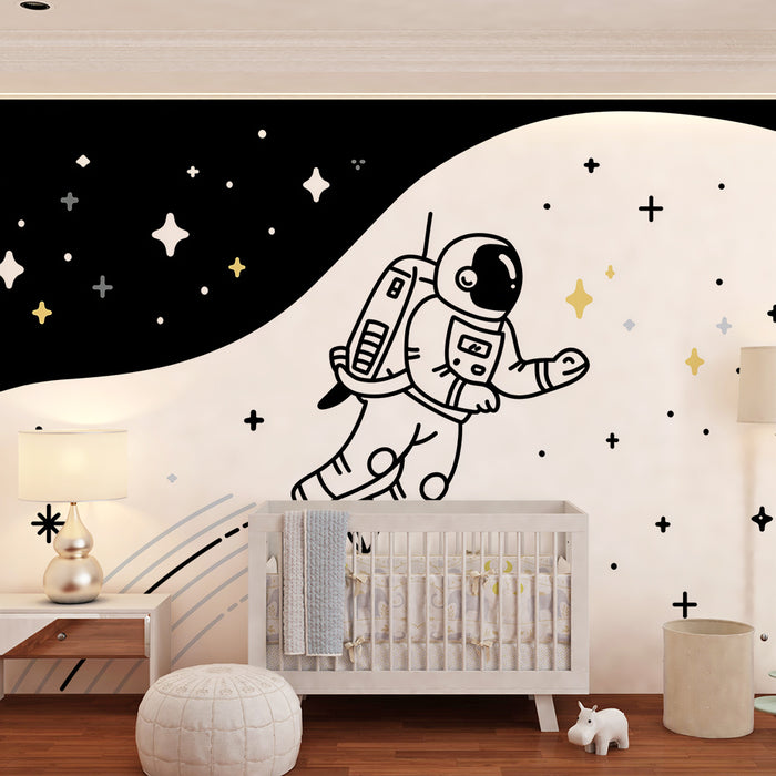 Børneværelse tapet | Astronaut svæver i en stjernespækket sort-hvid rum