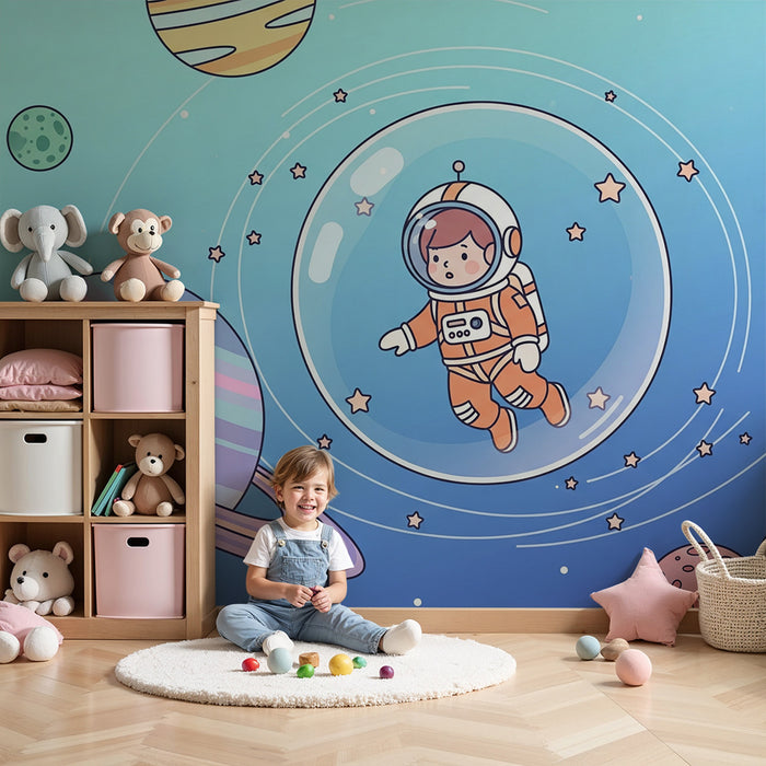 Papel de parede criança | Astronauta flutuando em um universo colorido