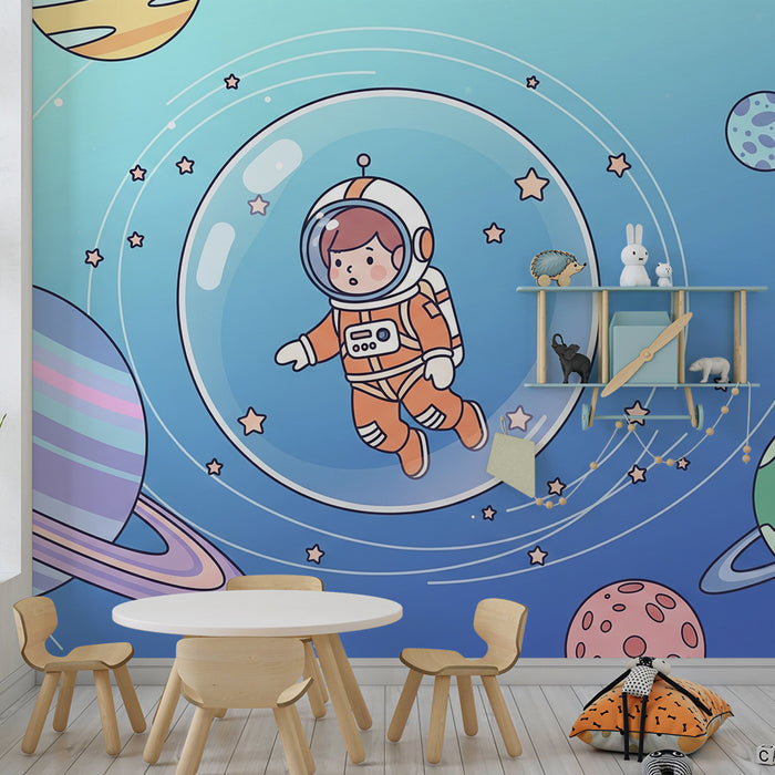 Papel de parede criança | Astronauta flutuando em um universo colorido