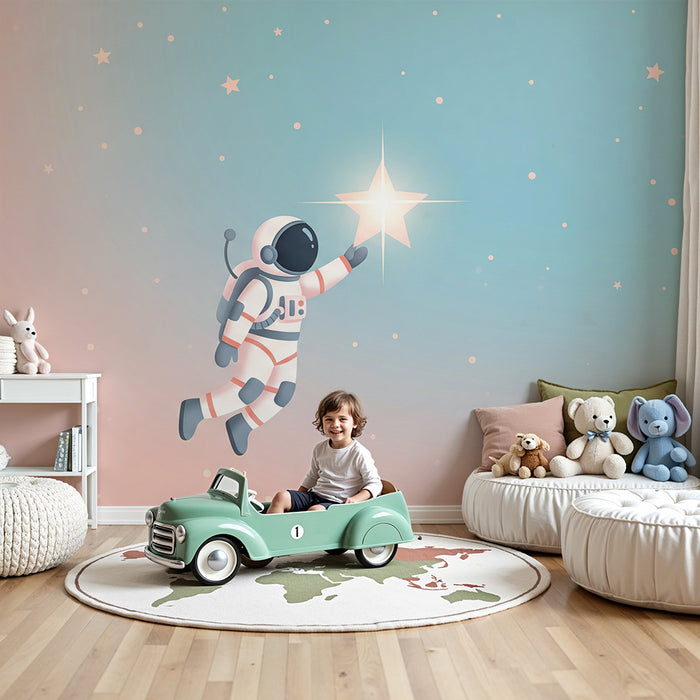 Kinderzimmer Tapete | Astronaut berührt einen Stern in einem Pastellhimmel