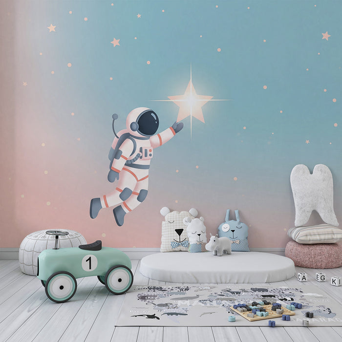 Kinderzimmer Tapete | Astronaut berührt einen Stern in einem Pastellhimmel