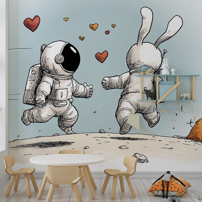 Papel de parede criança | Astronautas e coelho apaixonado na lua