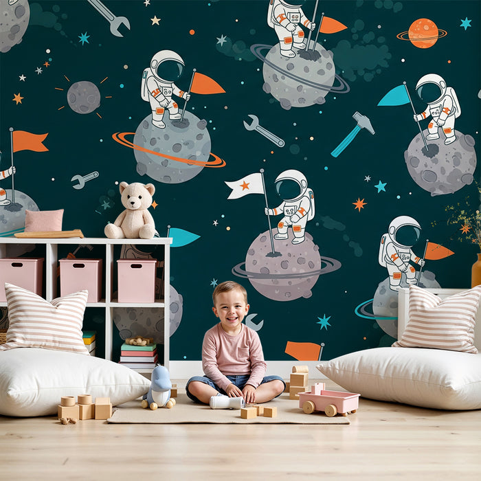 Barntapet | Astronauter utforskar rymden med färgglada flaggor