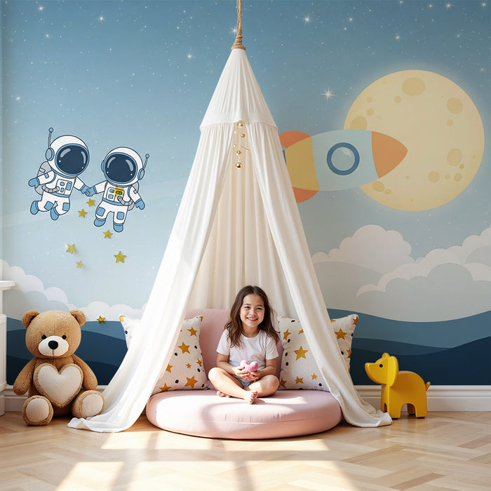 Kids room wallpaper | Astronautid uurivad kosmost koos raketi ja kuu.