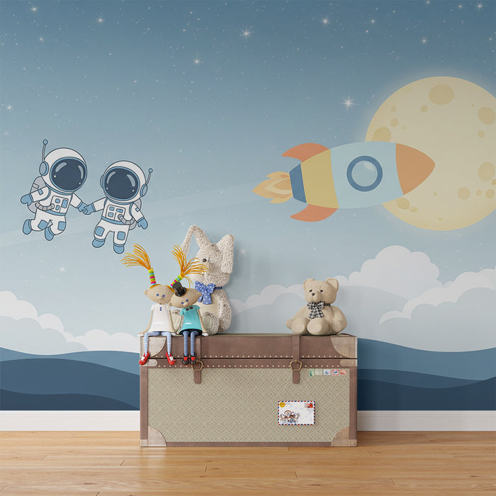 Kids room wallpaper | Astronautid uurivad kosmost koos raketi ja kuu.
