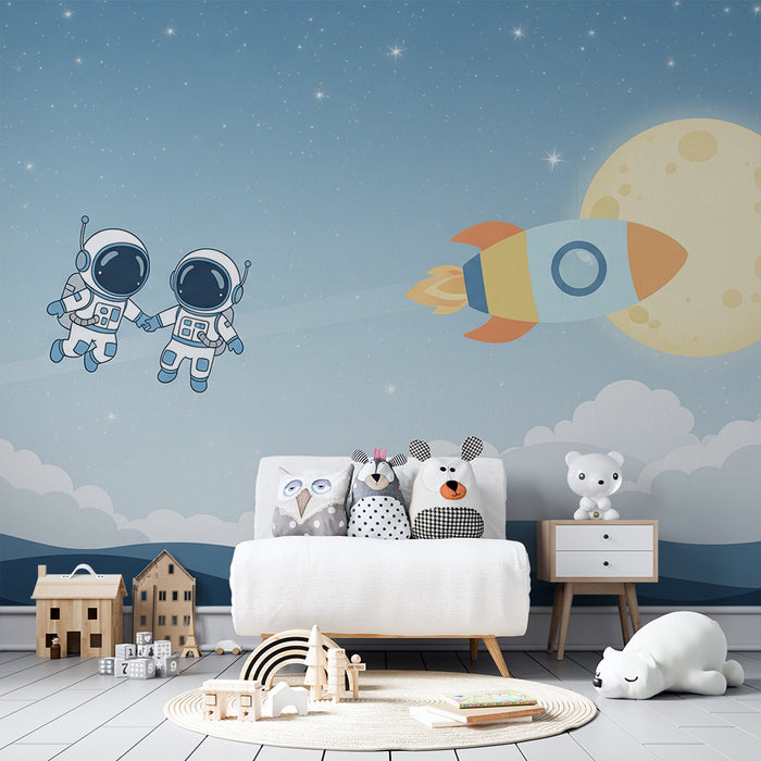 Kids room wallpaper | Astronautid uurivad kosmost koos raketi ja kuu.