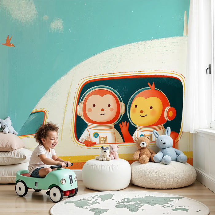 Kids room wallpaper | Cute astronauts in a colorful airplane