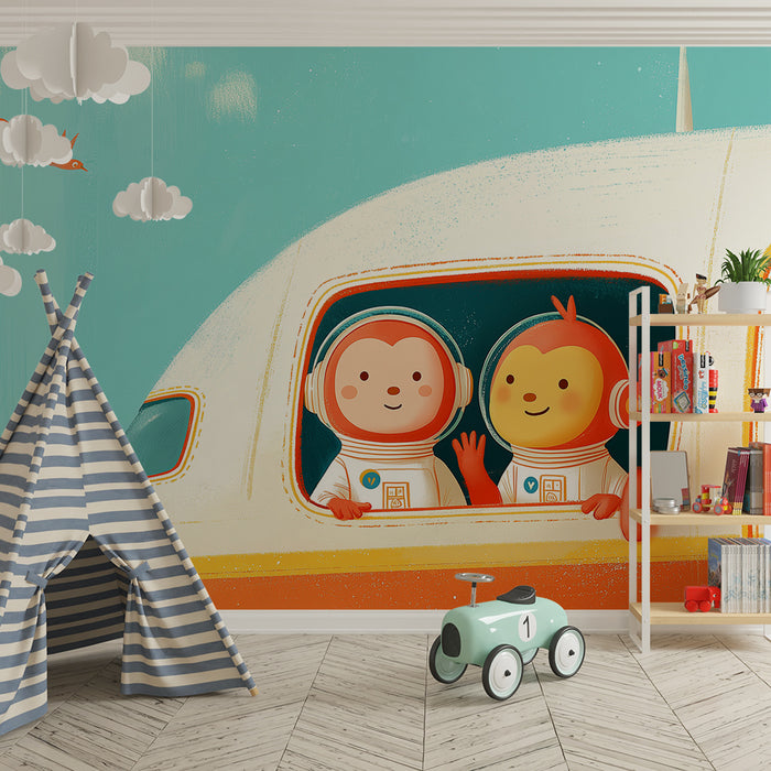Kids room wallpaper | Cute astronauts in a colorful airplane
