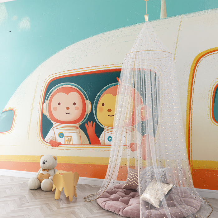 Kids room wallpaper | Cute astronauts in a colorful airplane