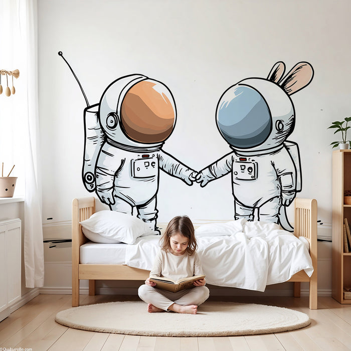 Papier peint chambre enfant | Astronautes mignons main dans la main sur une planète lointaine