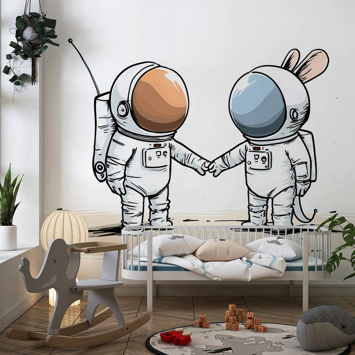 Papier peint chambre enfant | Astronautes mignons main dans la main sur une planète lointaine