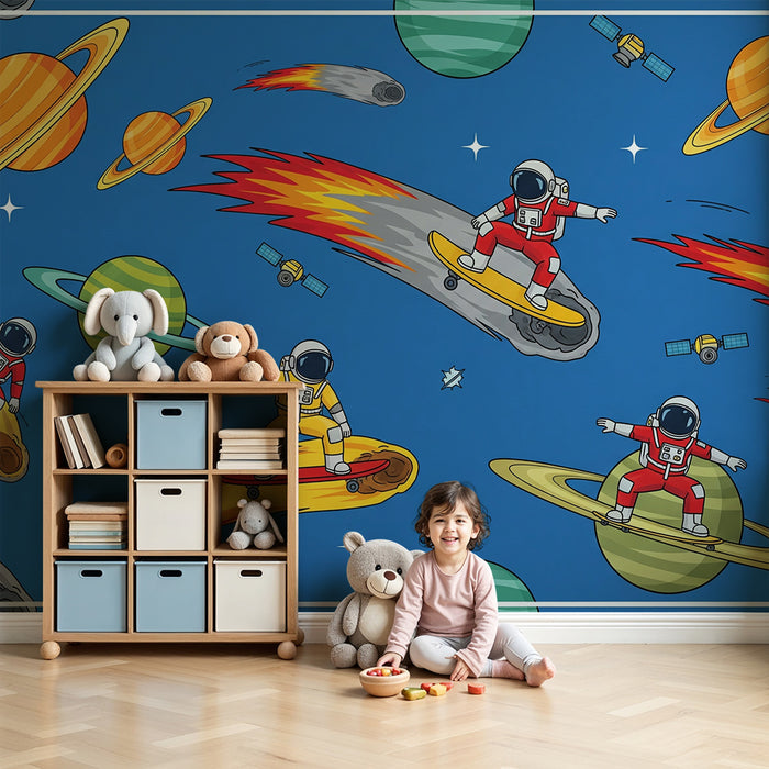 Papel de parede criança | Astronautas em planetas e cometas em plena aventura espacial