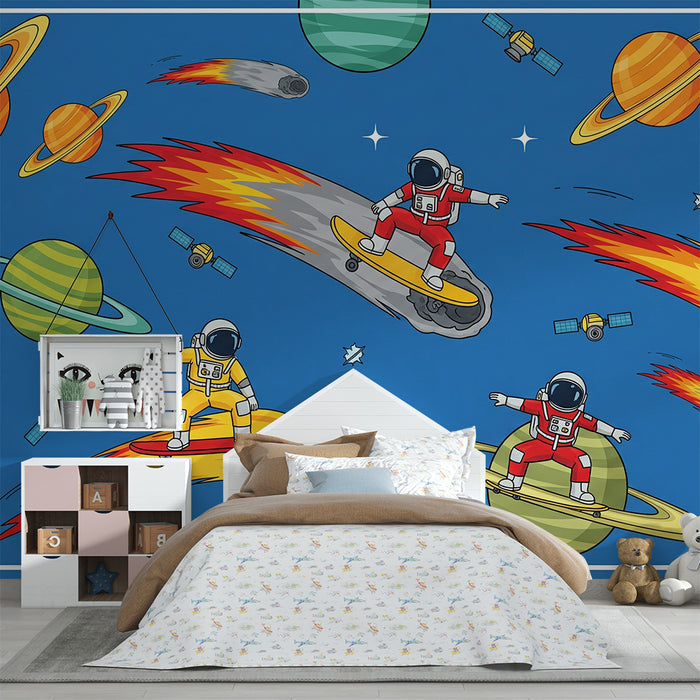 Papel de parede criança | Astronautas em planetas e cometas em plena aventura espacial